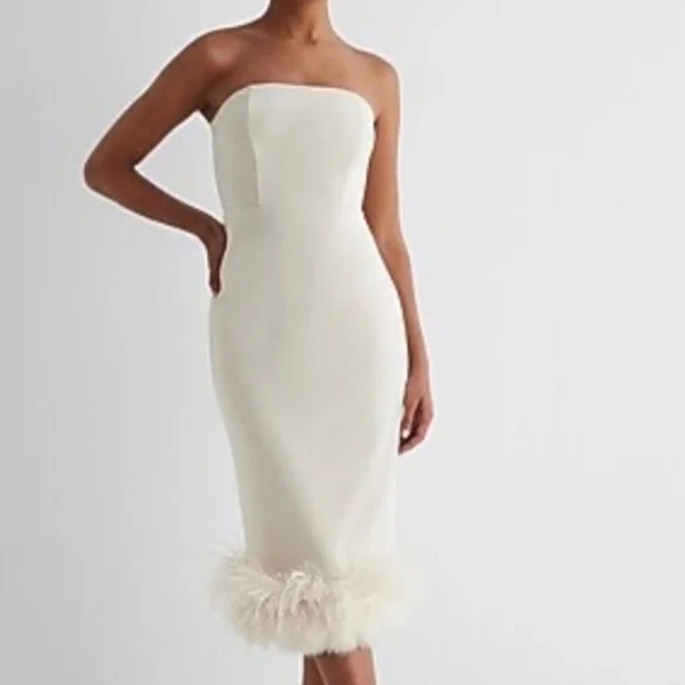 Express strapless feather hem midi sheath dress